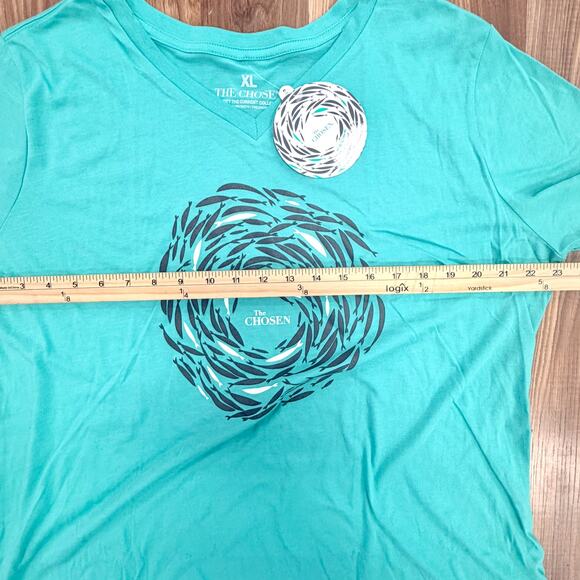 The CHOSEN NWT Teal Women V-Neck XL Graphic T-Shirt Christian Faith Fish Jesus - Picture 5 of 7